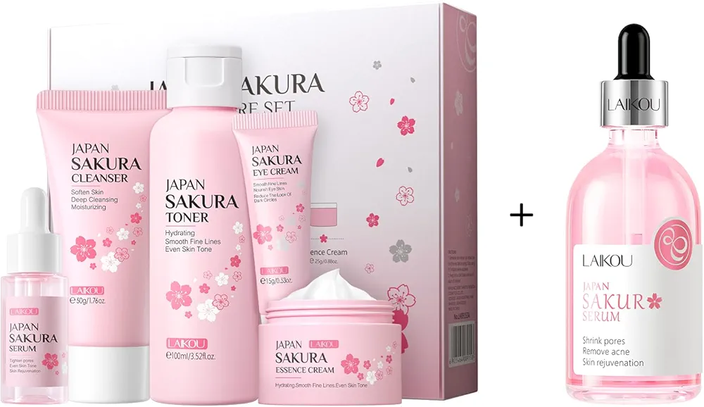 Sakura Hydrating Serum 100ml + Japan Sakura Skin Care 5pcs Box, Daily Skin Care Routine, Travel Kit