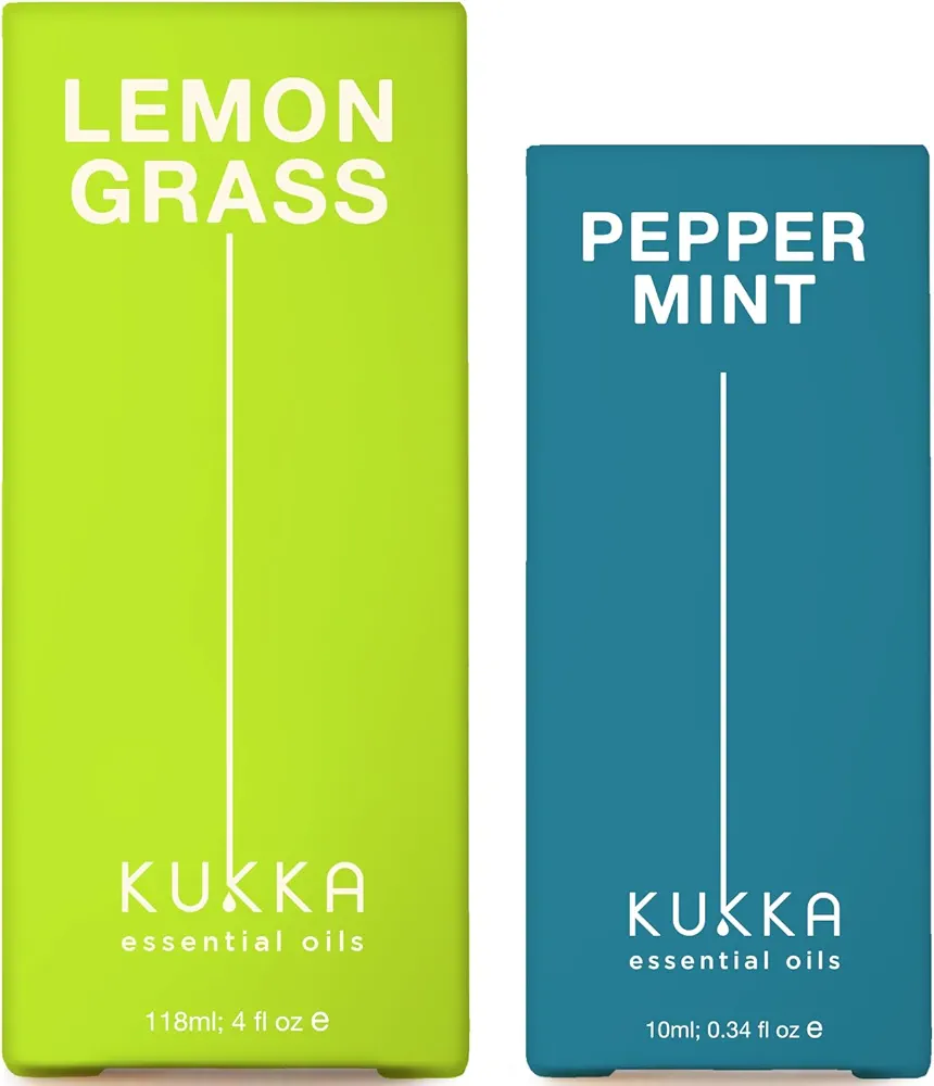 Lemongrass Essential Oil for Diffuser (4 fl oz) & Peppermint Oil for Hair (0.34 fl oz) Set - 100% Natural Aromatherapy Grade Essential Oils Set - Kukka