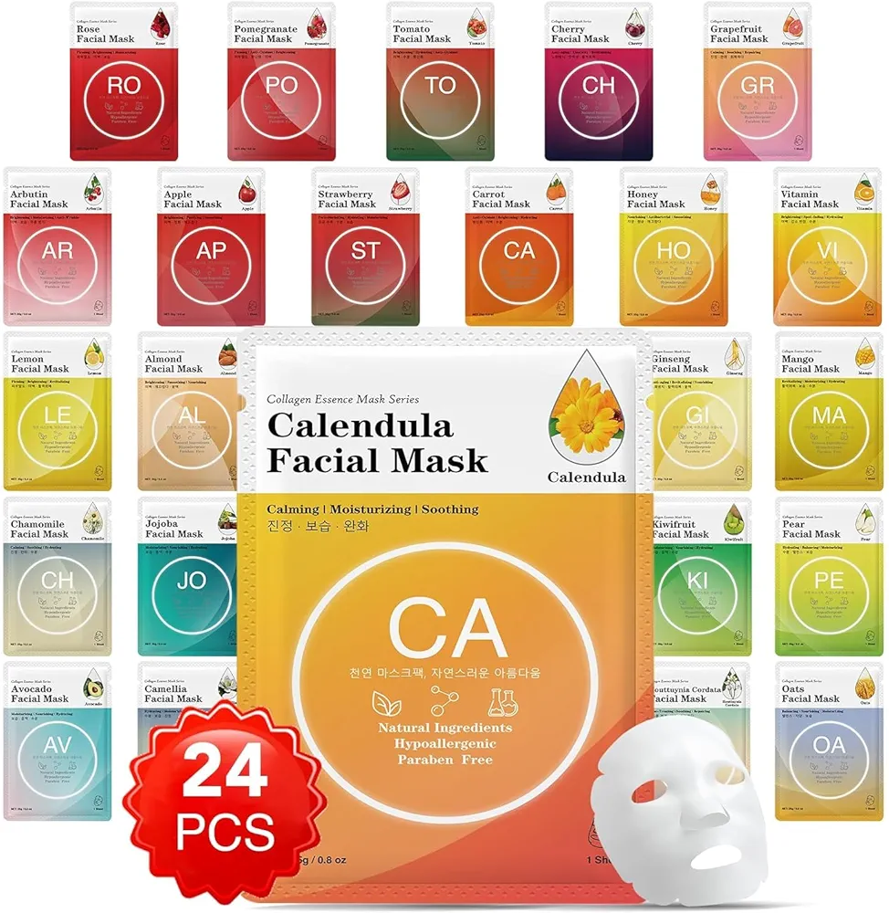 24Pack Collagen Essence Sheet Facial Masks, Face Masks Skincare, Hydrating Face Masks, Moisturizing and Soothing, Natural Skin Care Spa Face Mask, For All Skin Types