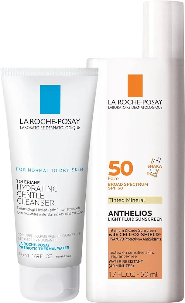 La Roche-Posay Anthelios Tinted SPF 50 Sunscreen & Toleriane Gentle Cleanser Travel Set - With Titanium Dioxide & Niacinamide