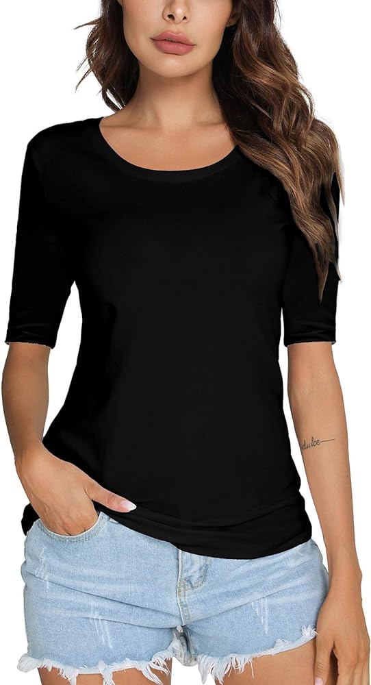 LOVFEE Women's Basic Round Neck Plain Half-Sleeve Tee Casual Fitted T Shirt