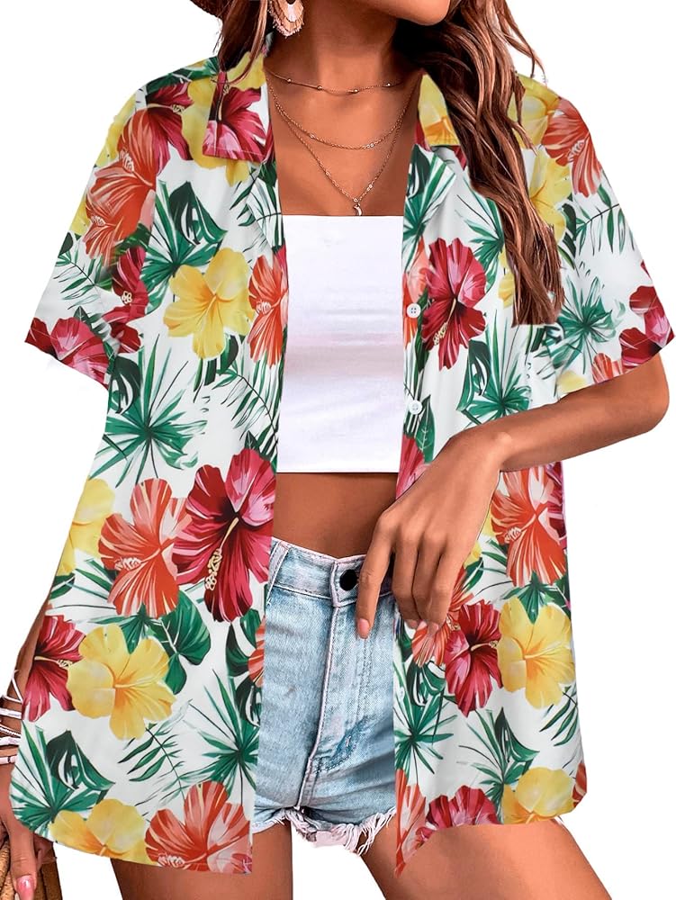 Hawaiian Shirts for Women Tropical Floral V Neck Button Up Tshirt Summer Beach Short Sleeve Blouses Tops