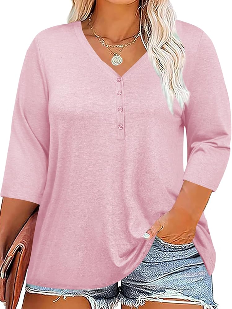 Tankaneo Women Plus Size Tops V Neck 3/4 Sleeve Casual Tshirts Loose Basic Tunic Tees