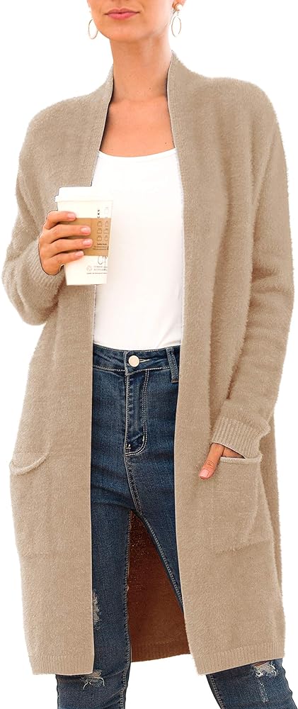 QIXING Women's 2024 Casual Open Front Knit Cardigans Long Sleeve Plush Sweater Coat with Pockets