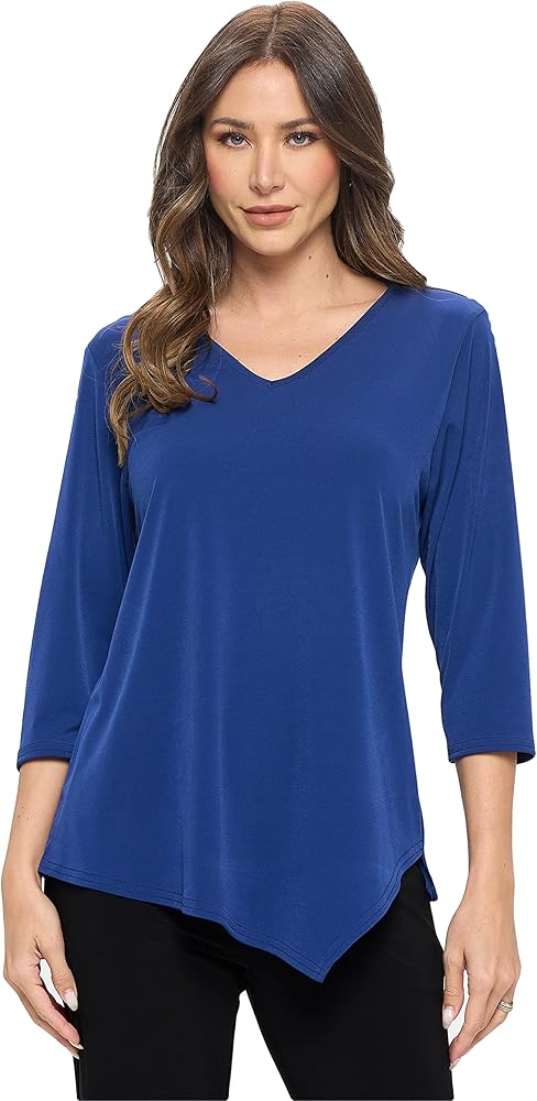 Jostar Women's Casual Tunic Top - 3/4 Sleeve Solid Center Drop V-Neck Asymmetrical Hem T Shirt Blouse 33062HT-QRS1 NAV XL Navy