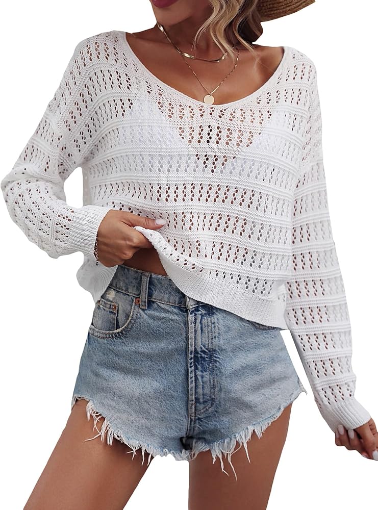 SHENHE Women's Crochet Hollow Out Drop Shoulder Scoop Neck Long Sleeve Sweater Top