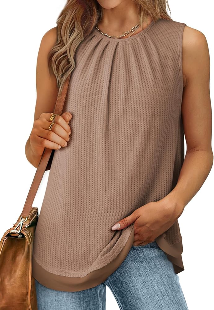 Dokotoo Womens Summer Tank Tops Pleated Crewneck Waffle Knit Tunic Tops Trendy Loose Fit Sleeveless Blouses