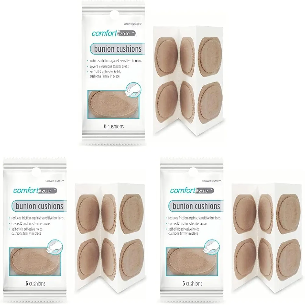 Comfort Zone Bunion Cushions, Reduces Friction Against Sensitive Bunions, 6 Cushions (3 Pack)