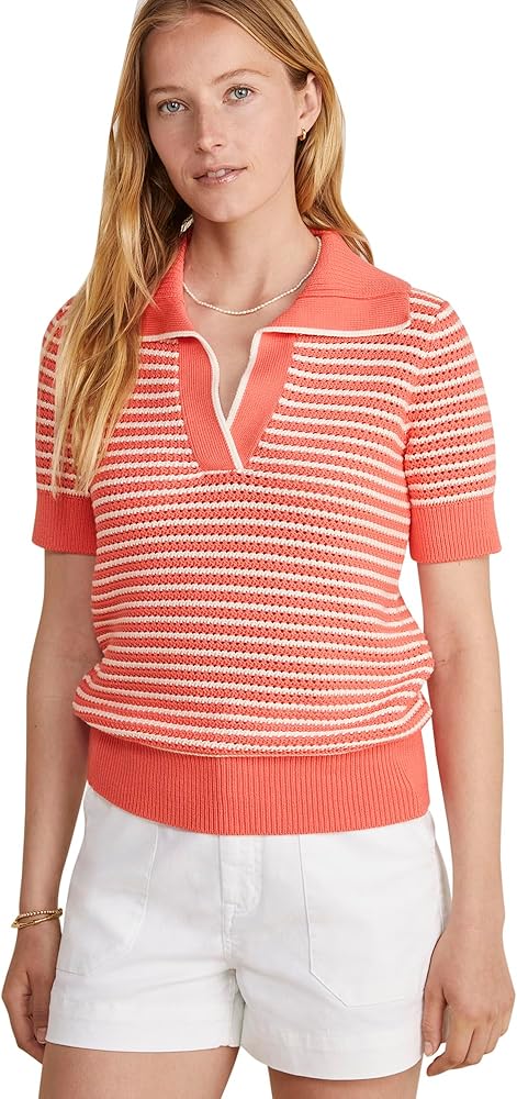 vineyard vines Women's Open-Stitch Short-Sleeve Polo Sweater