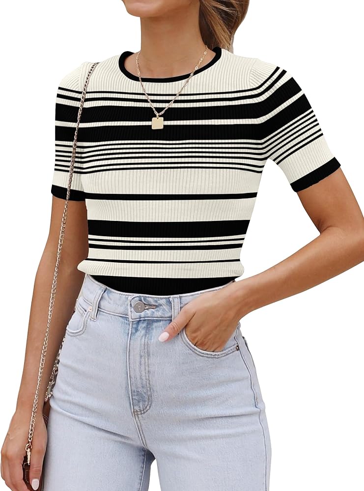 ZESICA Women's Short Sleeve Crewneck Striped T Shirt 2024 Summer Ribbed Knit Slim Fit Casual Basic Tee Tops