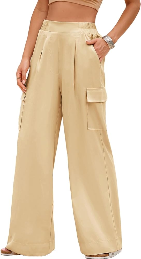 Dokotoo Casual Wide Leg Pants 2024 Spring Summer High Waisted Pants Baggy Comfy Satin Trousers 4 Pockets