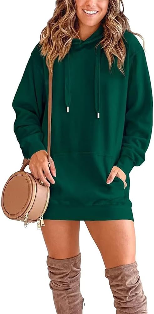 Dressmine Womens Long Sleeve Drawstring Hoodie Dress Winter Casual Loose Pullover Trendy Sweatshirts with Kangaroo Pocket