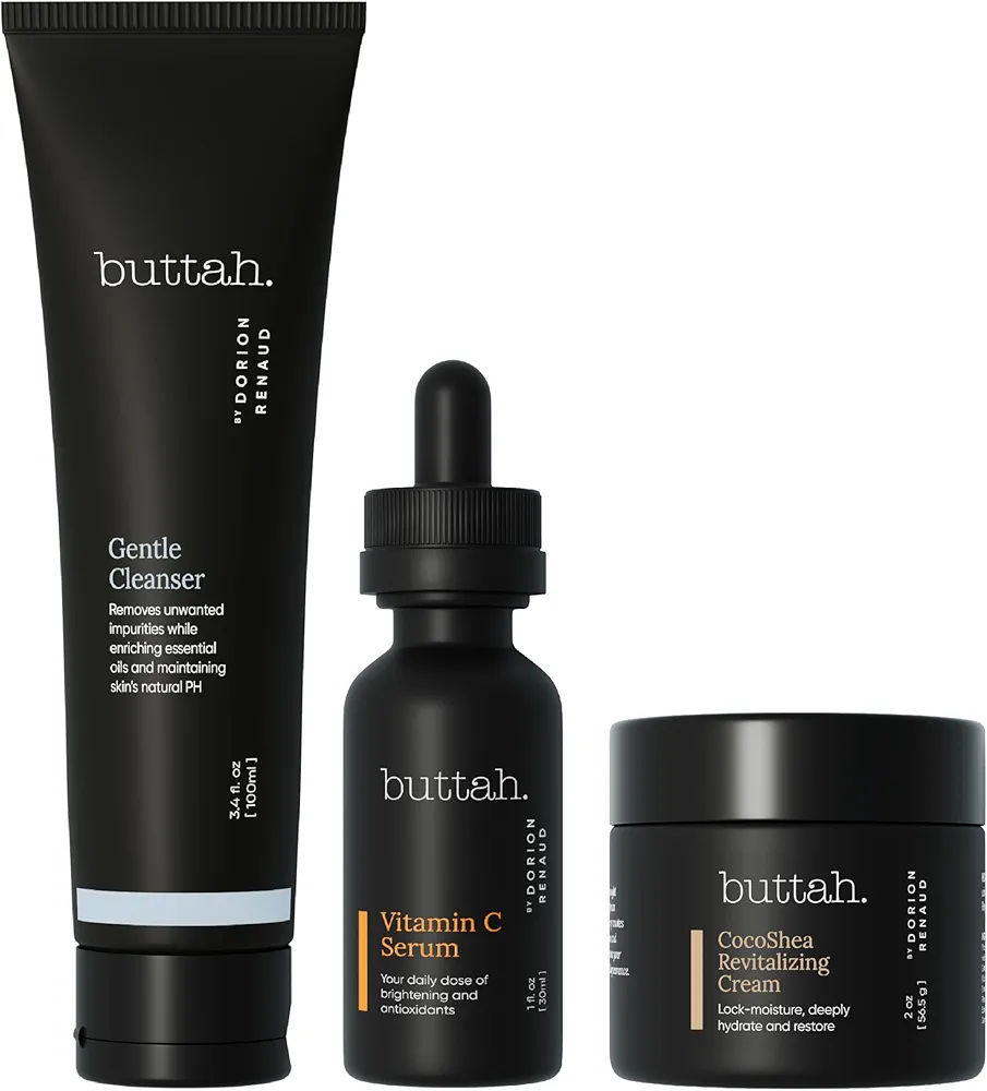 Buttah Skin Transforming Kit for Melanin Rich Skin | CocoShea Revitalizing Cream 2 oz | Vitamin C Serum 1 oz | Buttah Cleanser 3.4 oz | Black Owned Skincare