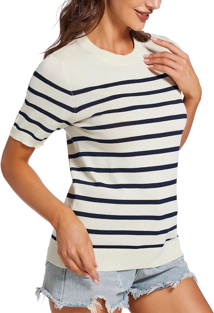 Womens Short Sleeve Knit Sweater Tops Casual Pullover Breathable V Neck Summer Striped T Shirts