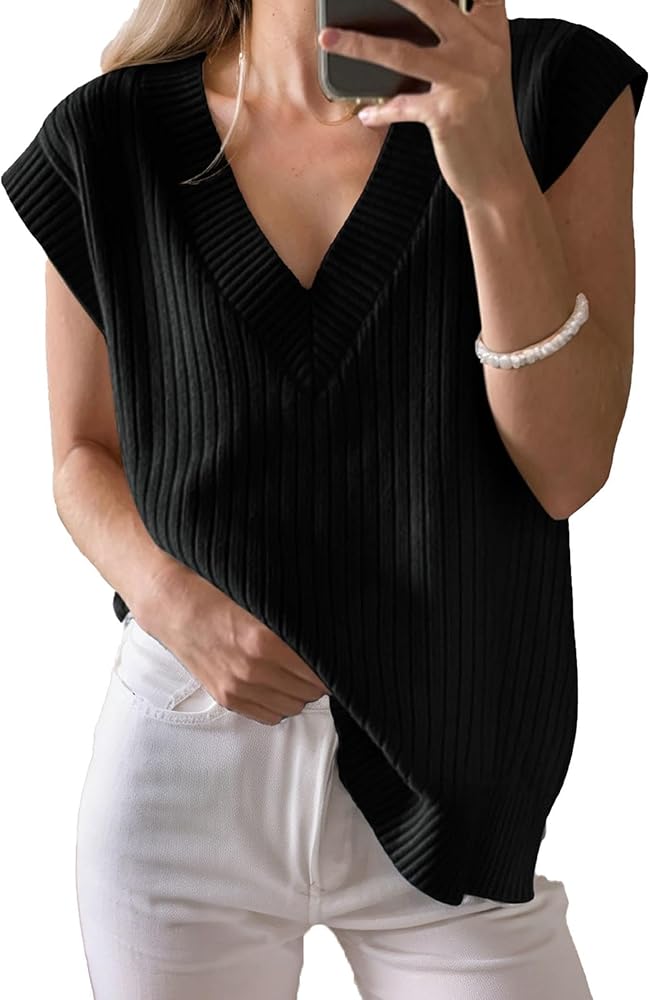 Womens V Neck Sweater Vest Oversized Ribbed Knit Sleeveless Casual Loose Fit Pullover Tank Top