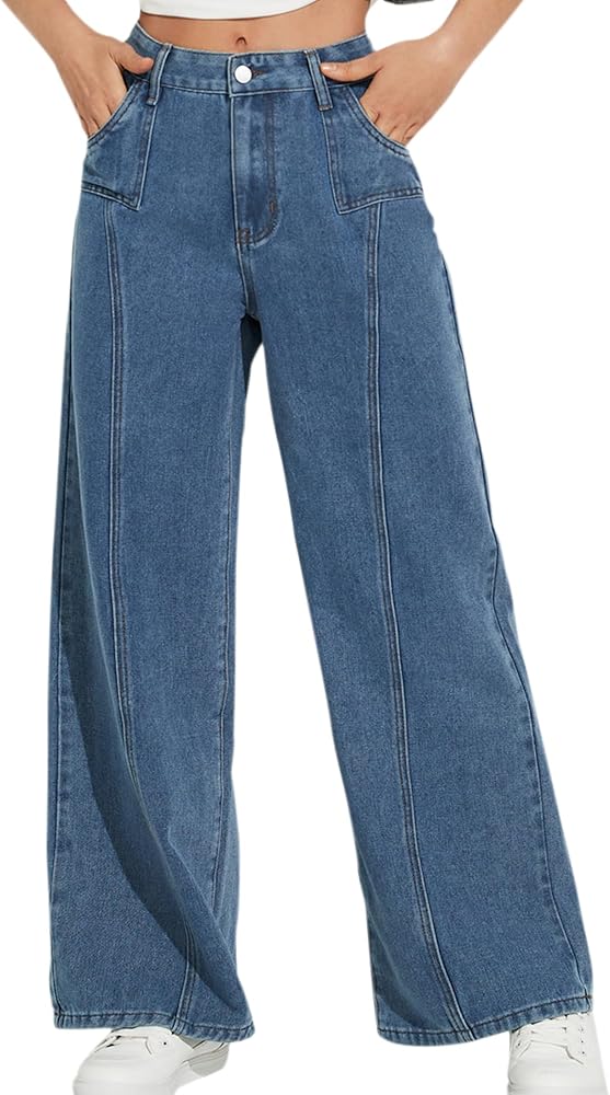 Mid Rise Wide Leg Jeans for Women Loose Front Seam Straight Leg Boyfriend Denim Pants Trendy