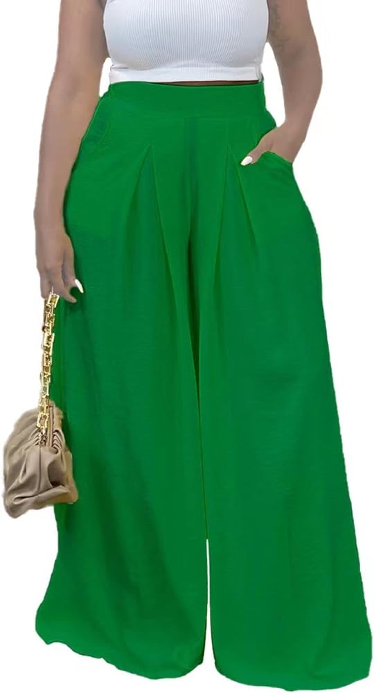 Flowy Pants for Women Casual High Waisted Wide Leg Palazzo Pants Trousers with Pocket Plus Size