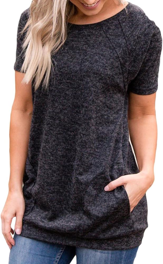 Womens Summer Short Sleeve Round Neck Quick Dry Cool Tunic Tops Loose Gym Workout T-Shirt with Pockets