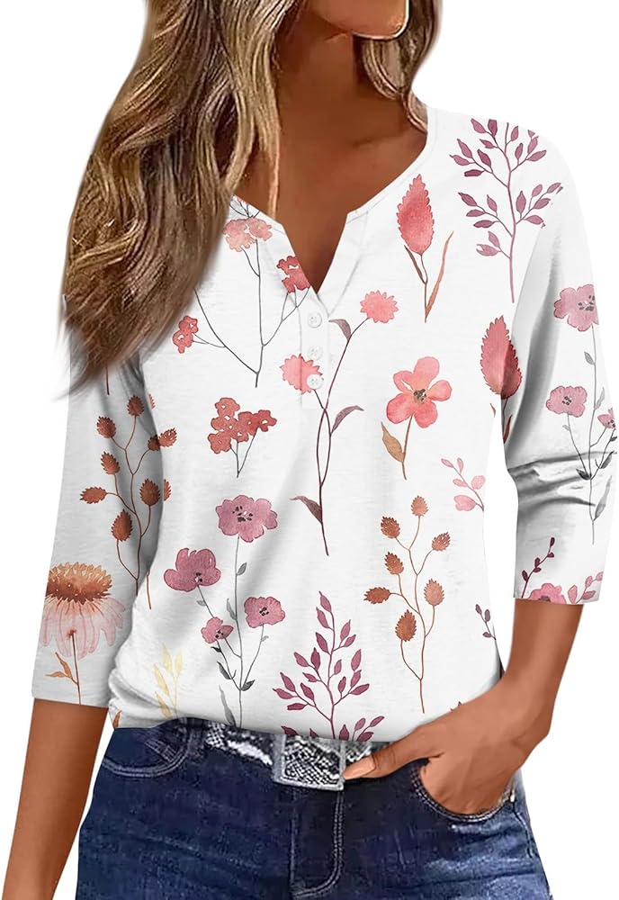 Tops for Women 2024 Button 3/4 Sleeve Tshirt Cute Blouses Casual Shirts Trendy Clothes Tops Basic Tees