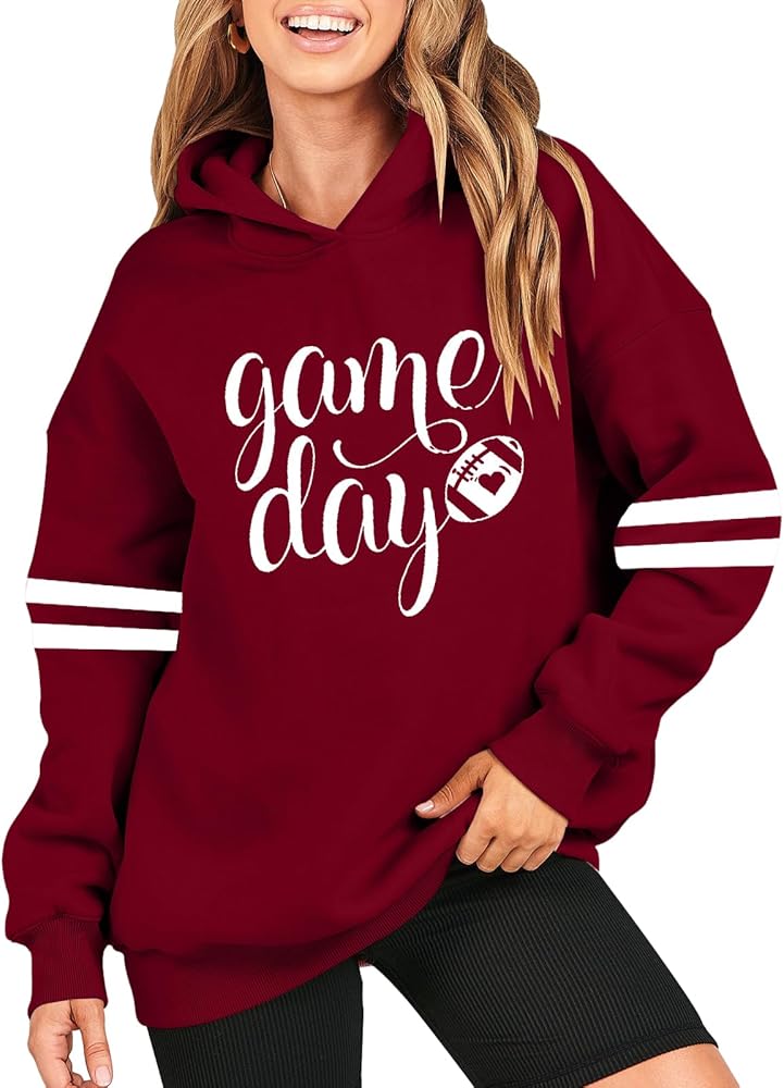 KIMSOONG Game Day Hooded Sweatshirt for Women Game Day Sweatshirt Funny Football Graphic Pullover Fall Top