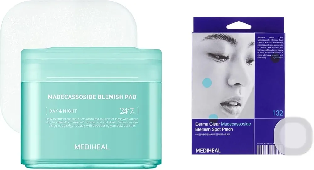 Mediheal Madecassoside Toner Pad to Improve Skin Tone & Derma Clear Madecassoside Blemish Spot Patch (132 Count)