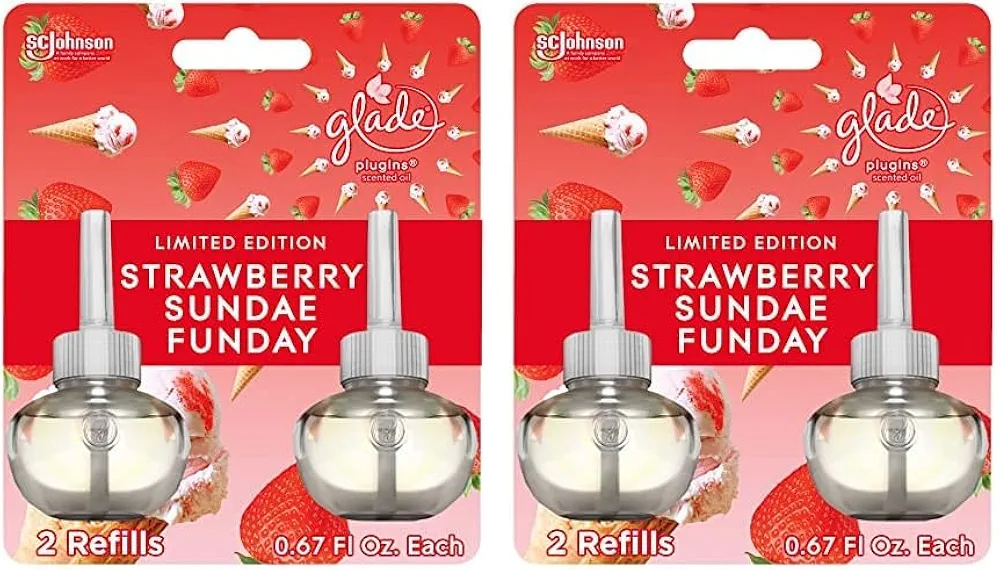 Glade PlugIns Refills Air Freshener, Scented and Essential Oils for Home and Bathroom, Strawberry Sundae Funday, 1.34 Oz, 2 Count (Pack of 2)