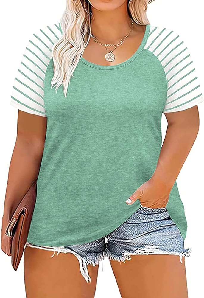 DOLNINE Women's Plus Size Tops Striped Raglan Tee Shirts Casual Tunics Blouses