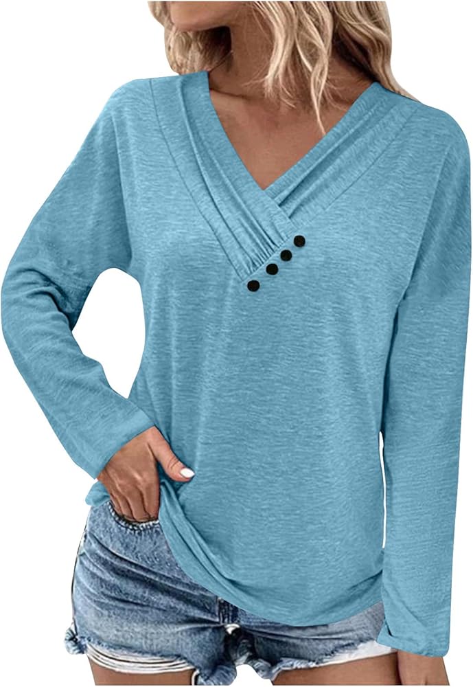 Womens Fall Fashion 2023 Long Sleeve Ruched V Neck Shirts Casual Loose Fit Button Blouses Basic Vintage Solid Color Tees Plus Size Sexy Pullover Cute Tops for Women Trendy Going Out（A Blue，XX-Large）