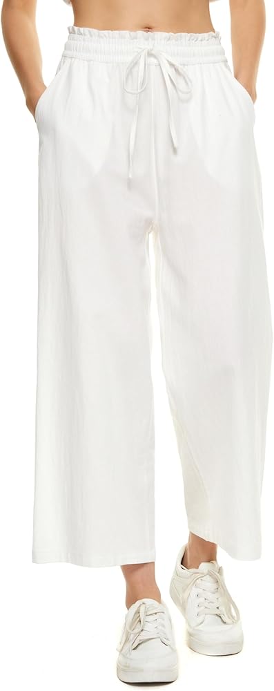 LNX Womens Wide Leg Linen Pants High Waisted Drawstring 100% Linen Flowy Crop Trousers with Pockets