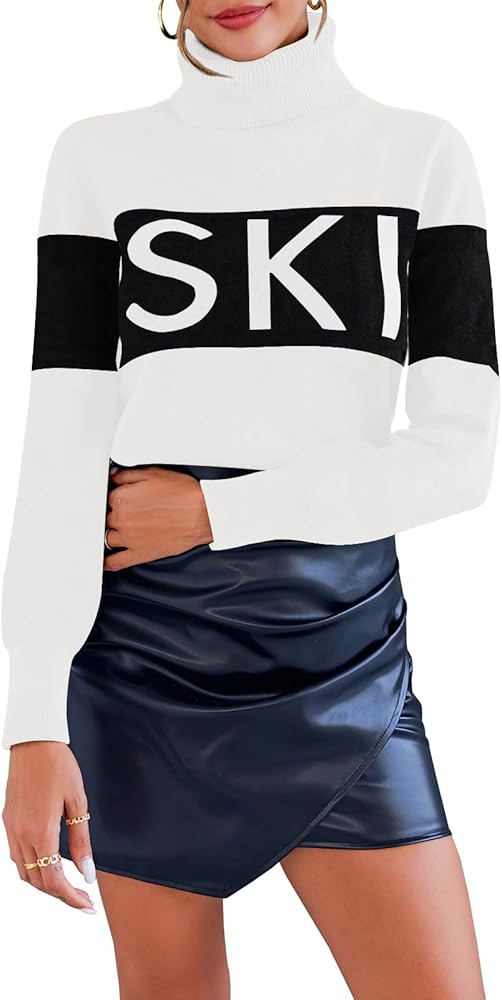 Women Turtleneck Sweater Color Block Winter Tops Casual Ski Sweaters Tight Knit 2024 Outfits Thermal Shirts XS-L