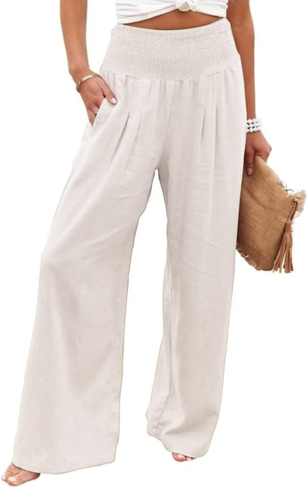 utcoco Womens Wide Leg Linen Palazzo Pants Casual Elastic Waisted Loose Fit Trousers