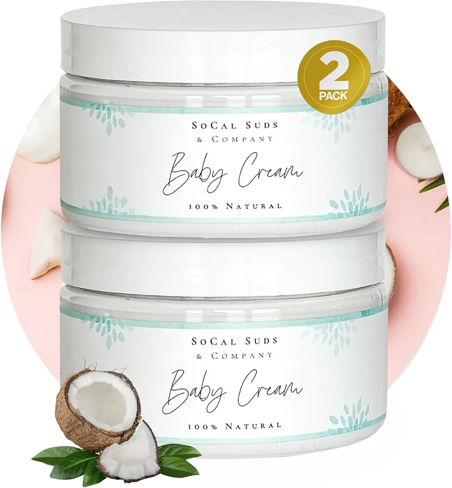 SoCal Suds & Company - Natural & Organic Baby Cream - Gentle Moisturizing for Sensitive Tender Infant Skin, Nourishing Hydration Aloe & Coconut, Delicate Newborn Skincare - Unscented, 4oz, 2-Pack