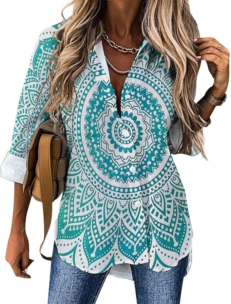 Green Mint Mandala Classic Shirts for Women Long Sleeve Blouse Casual V Neck Tee Tops Work Office