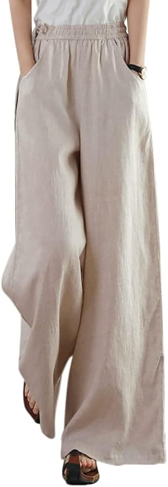 Les umes Women's Casual Wide Leg Long Pants High Waist Drawsting Loose Palazzo Pants Cotton Linen Beach Trousers