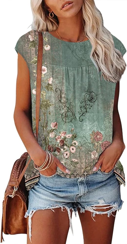 Soesdemo Women's Dressy Tunic Top Crew Neck Cap Sleeve Summer Casual Floral T-Shirt Blouse with Pleated Strech Loose Fit