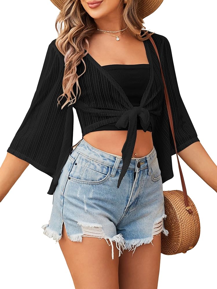 ZAFUL Women's Cropped Bolero Sheer Shrugs for Dress Short Sleeve Tie Front Cardigan