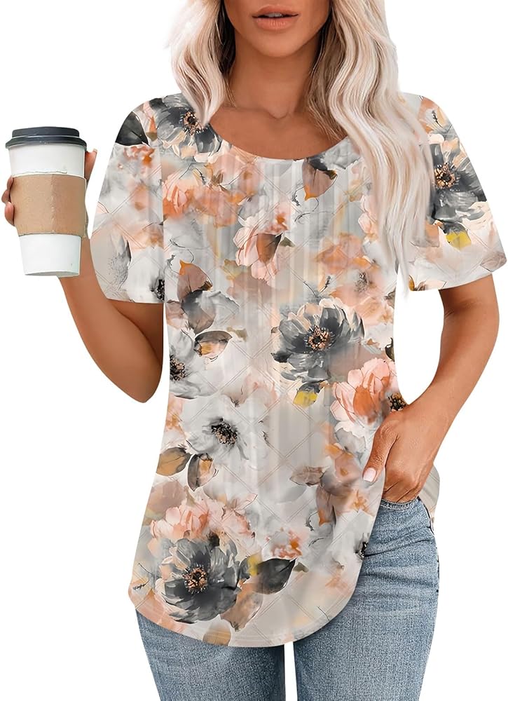 Womens Summer Tops Short Sleeve Shirts Crewneck Clothing Casual Tunics Pleated Blouses Trendy Tees