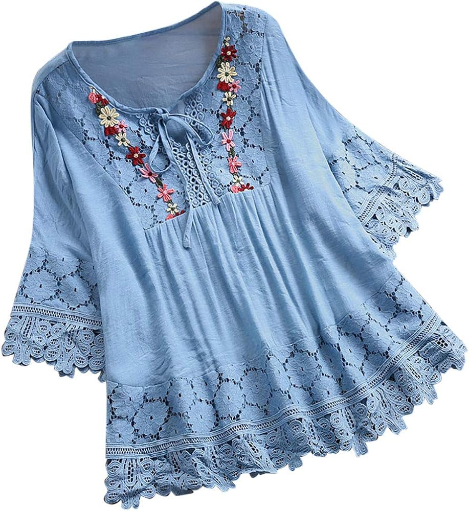 Plus Size Blouse Women Vintage Lace Patchwork Bow V-Neck Embroidery Summer Three Quarter Retro Solid Tops T-Shirt S-5XL