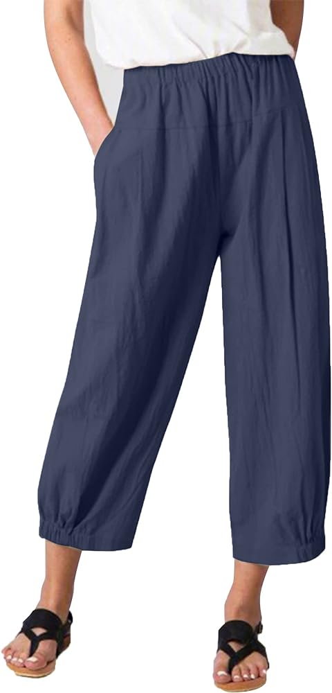 Les umes Womens Capri Pants Elastic Waist Cotton Wide Leg Cropped Pants Casual Loose Harem Pants Trousers