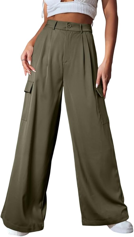 Acelitt Womens Casual Wide Leg Cargo Pants High Waisted Work Trousers Pants with 4 Pockets