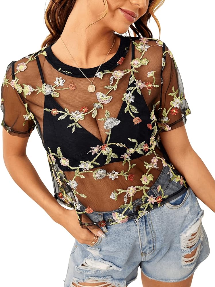 SweatyRocks Women Sexy Sheer Mesh Crop Tops Floral Embroided See Throught Short Sleeve Tee Shirt Blouse