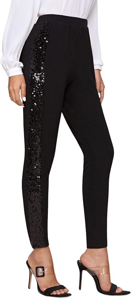 SweatyRocks Women's Elegant High Elastic Waist Sequins Pants Solid Skinny Cropped Pants