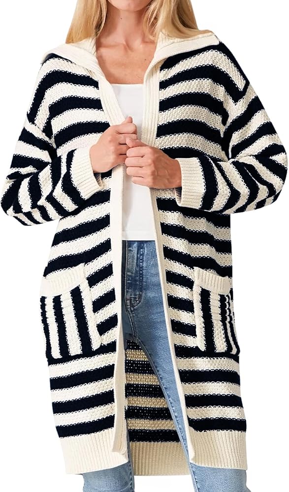 Cakulo Womens Long Oversized Cardigans Sweaters Striped Fall 2024 Open Front Chunky Knit Women Cardigan Pockets