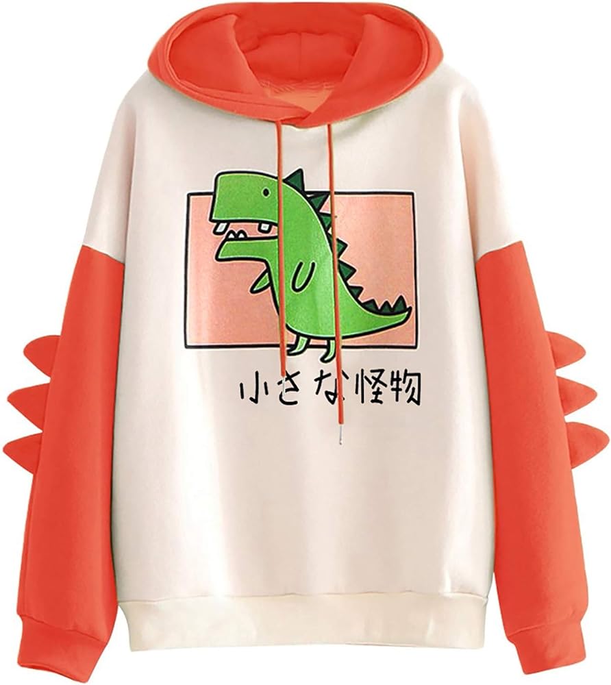 Hoodies for Women, Women Girls Splice Dinosaur Hooded Long Sleeve Cute Drawstring Sweatshirt Casual Pullover Top