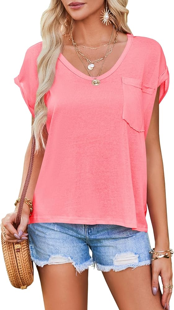 Tankaneo Womens Cap Sleeve T Shirts Summer Casual Loose Fit V Neck Blouse Tops