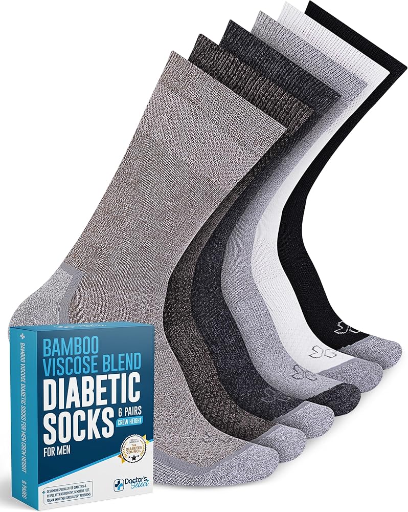 Doctor's Select Bamboo Viscose Diabetic Socks for Men - 6 Pairs Crew Neuropathy Socks for Men | Diabetic Socks for Men 9-12