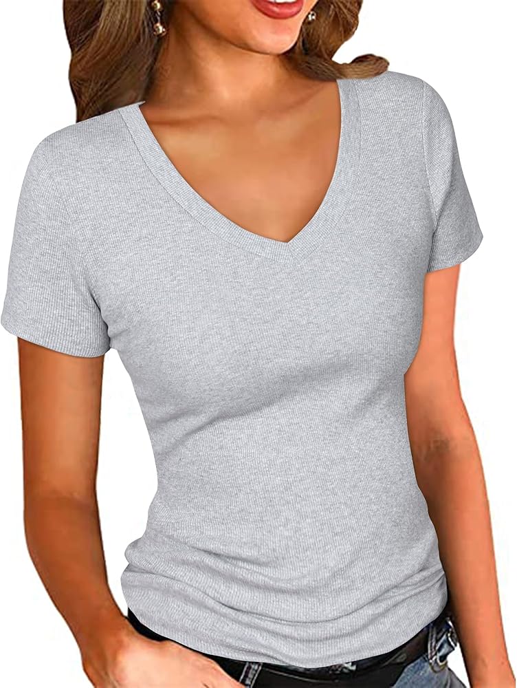 PALINDA Women's Short Sleeves Ribbed Fitted Shirt Basic V Neck Slim T Shirt Tops