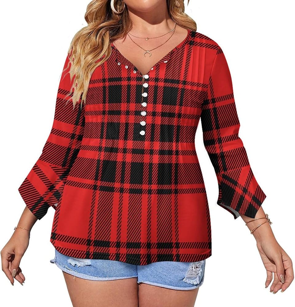 Buffalo Red Black Plaid Cute Womens T-Shirts 3/4 Sleeve Button Down Tee Tops Blouse Summer Beach