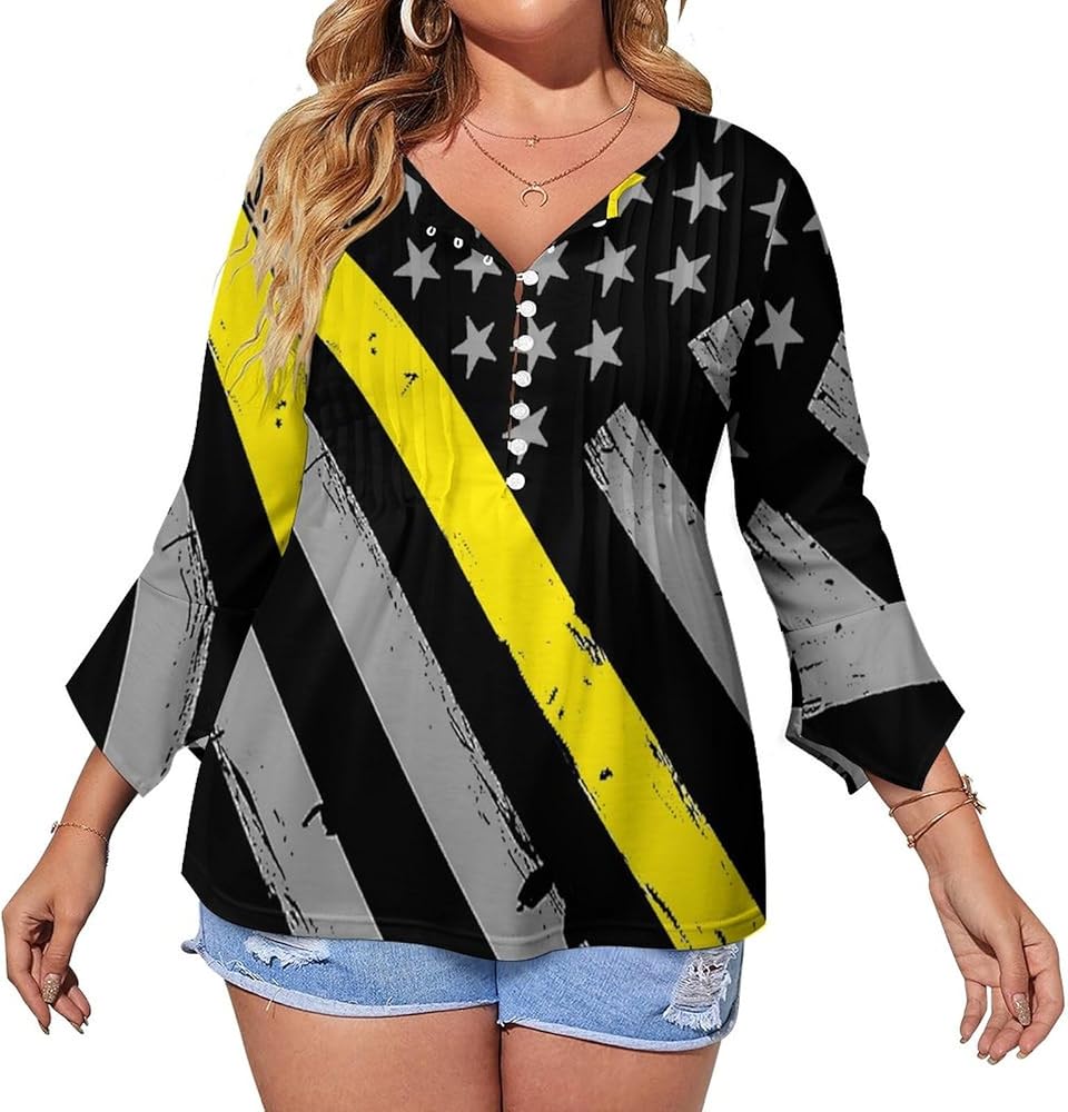 911 Dispatcher Thin Gold Line Flag Cute Womens T-Shirts 3/4 Sleeve Button Down Tee Tops Blouse Summer Beach