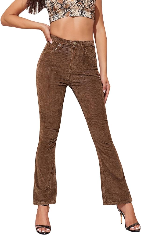 Floerns Women's Elegant High Waist Flare Leg Zipper Fly Corduroy Trouser Pants